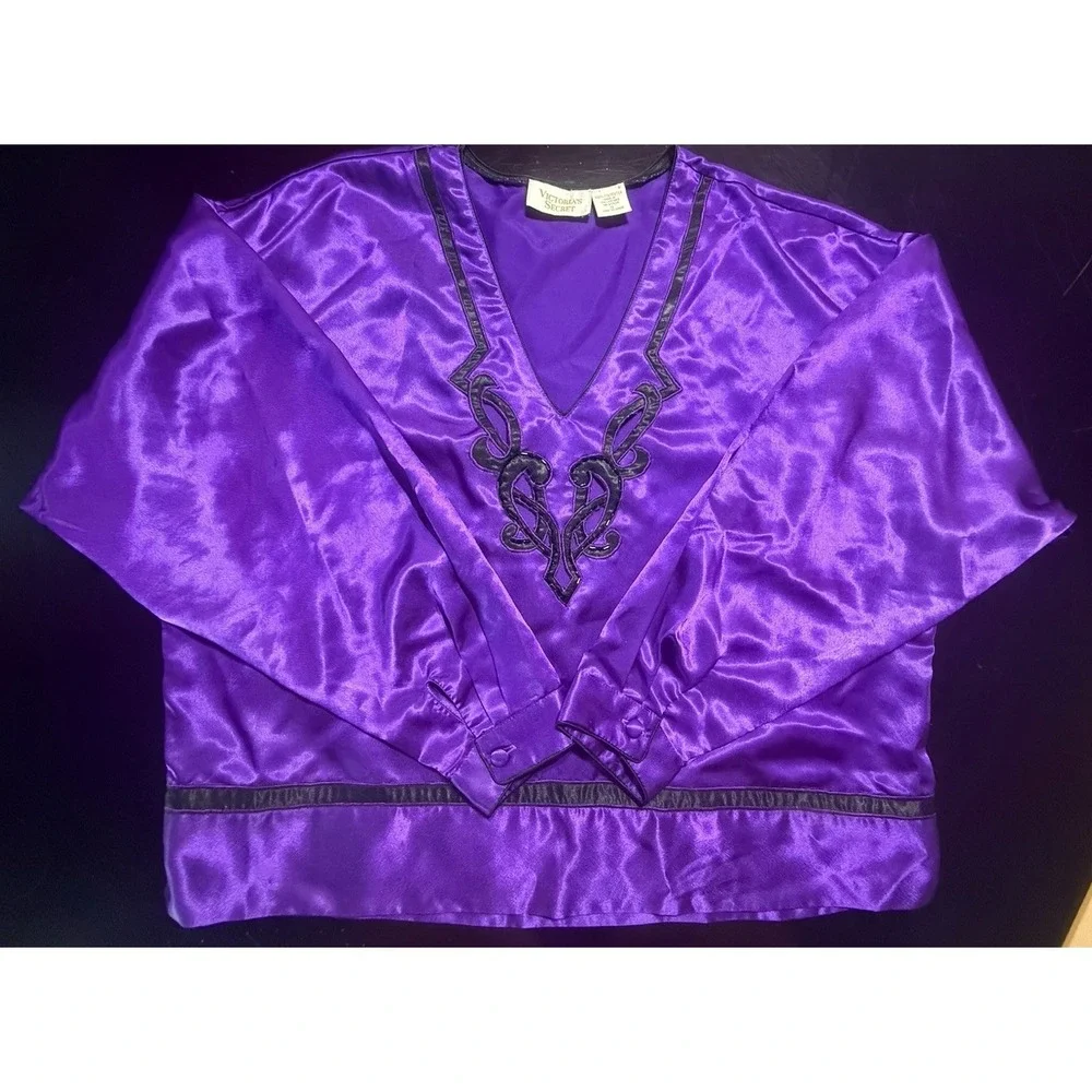 Vtg Victoria's Secret Gold Label Purple Satin Top S Macys Pinstripe Pants M Set